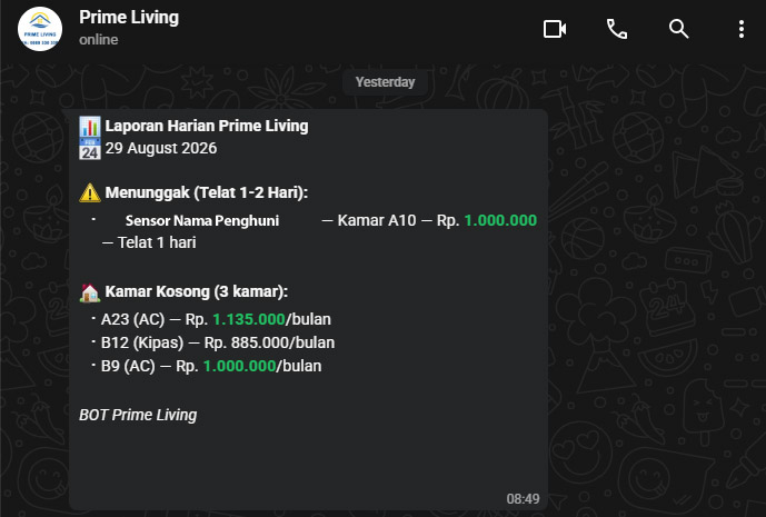 Screenshot laporan harian KostBot yang diterima pemilik Prime Living Kost via WhatsApp